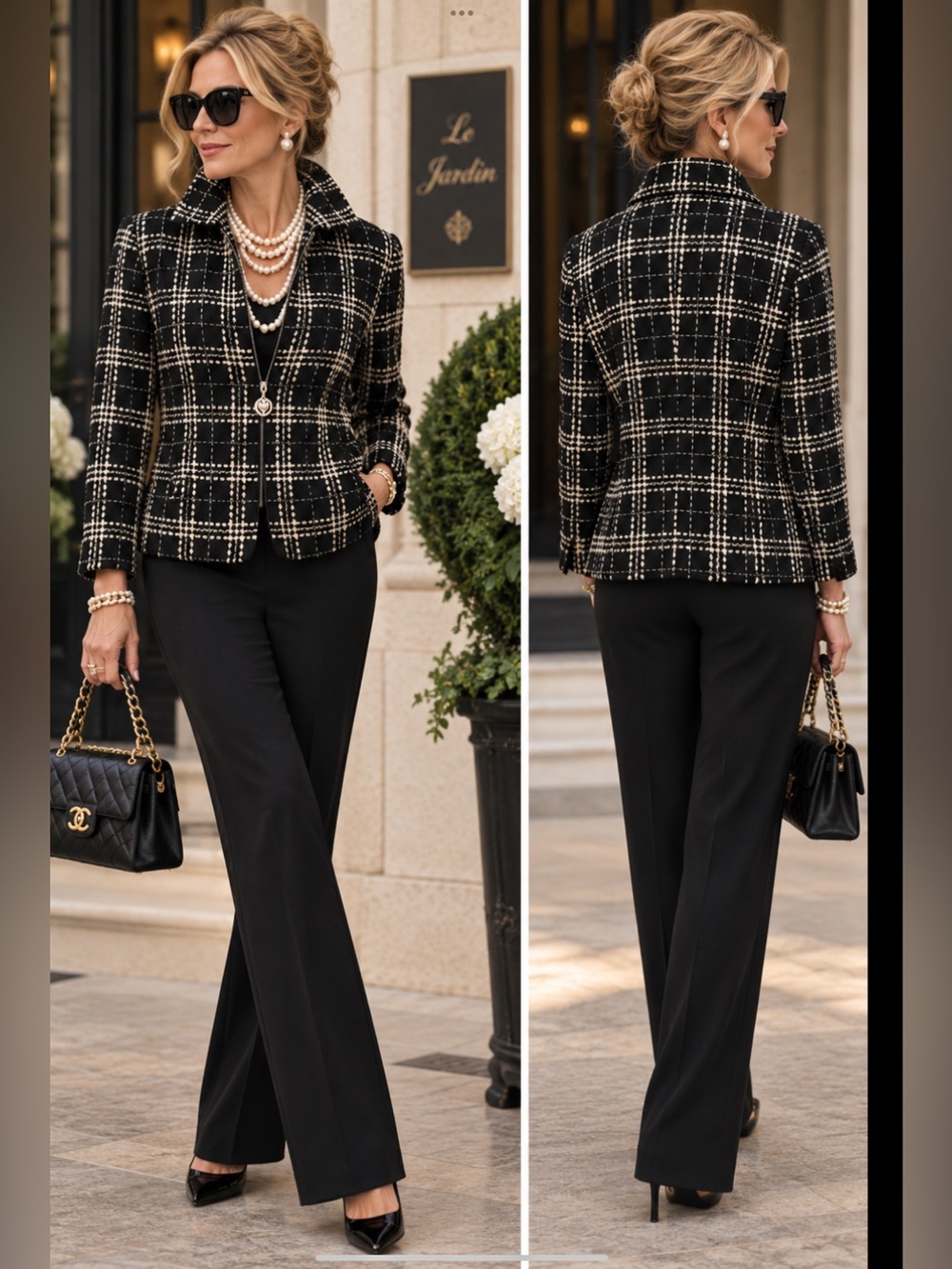 Vintage St. John Griffith & Gray Black Cream Plaid Knit Jacket 14 Italy
